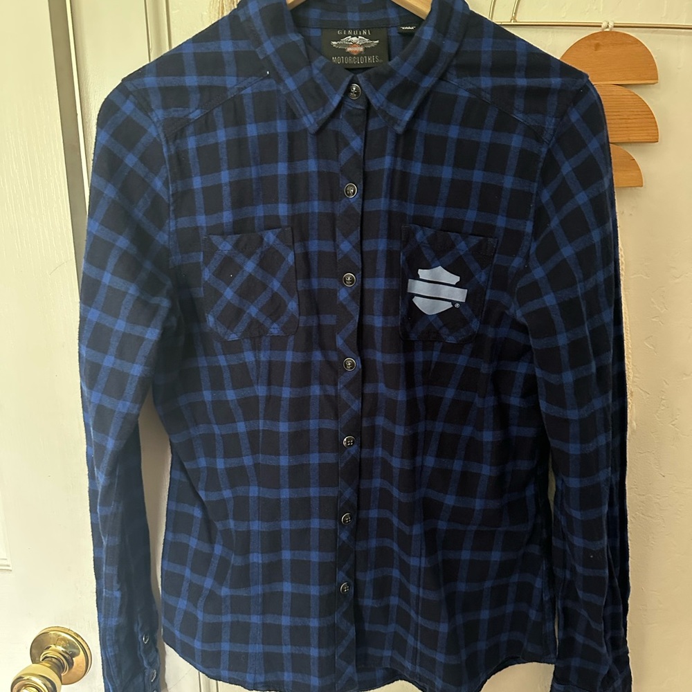 Harley Davidson snap up flannel medium blue navy long sleeve